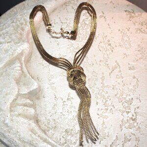 Wonderful Vintage Long Gold-Tone Statement Liquid Mesh Chain Tassel Necklace
